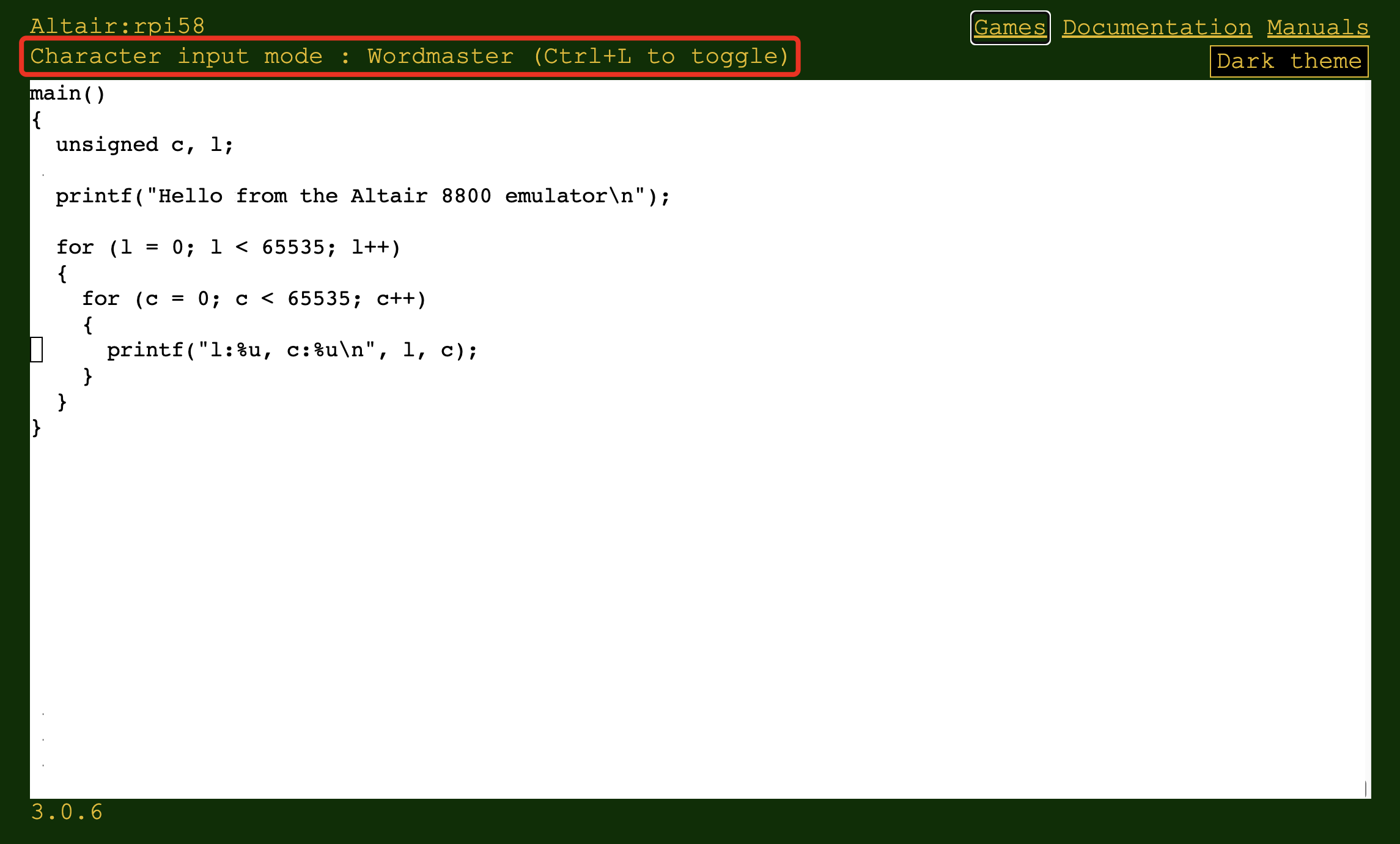 Screenshot of Altair running the Word-Master text editor.