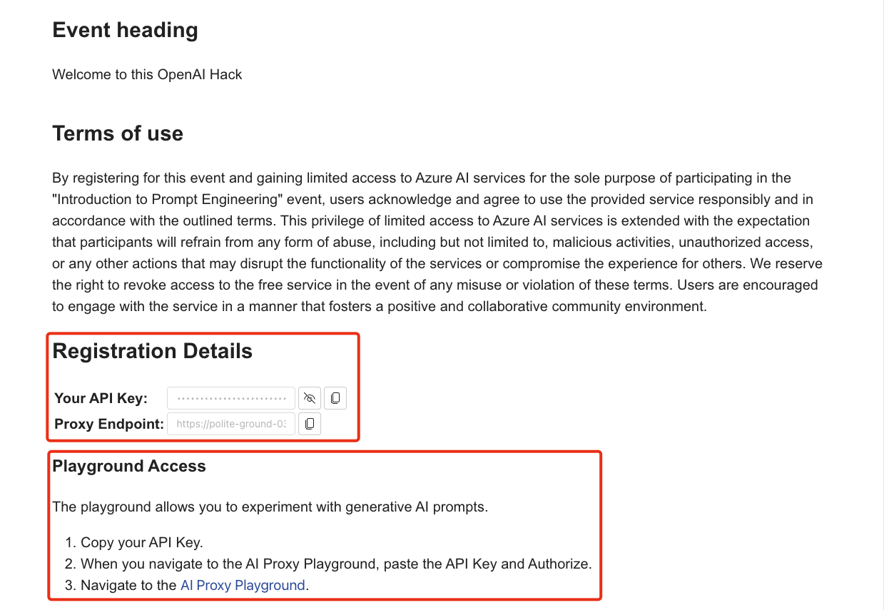 The image shows event registration and the API Key and Endpoint