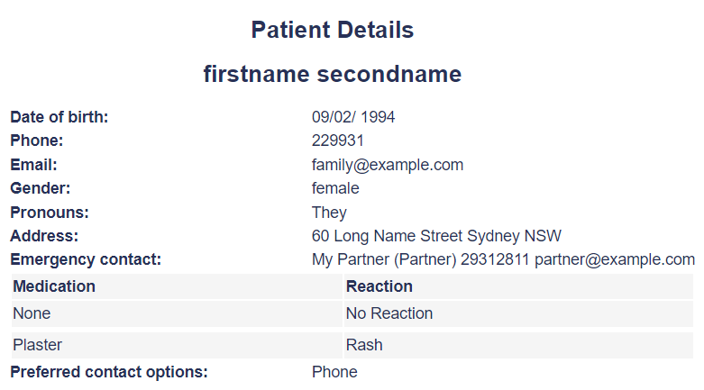 The image shows the patient record details