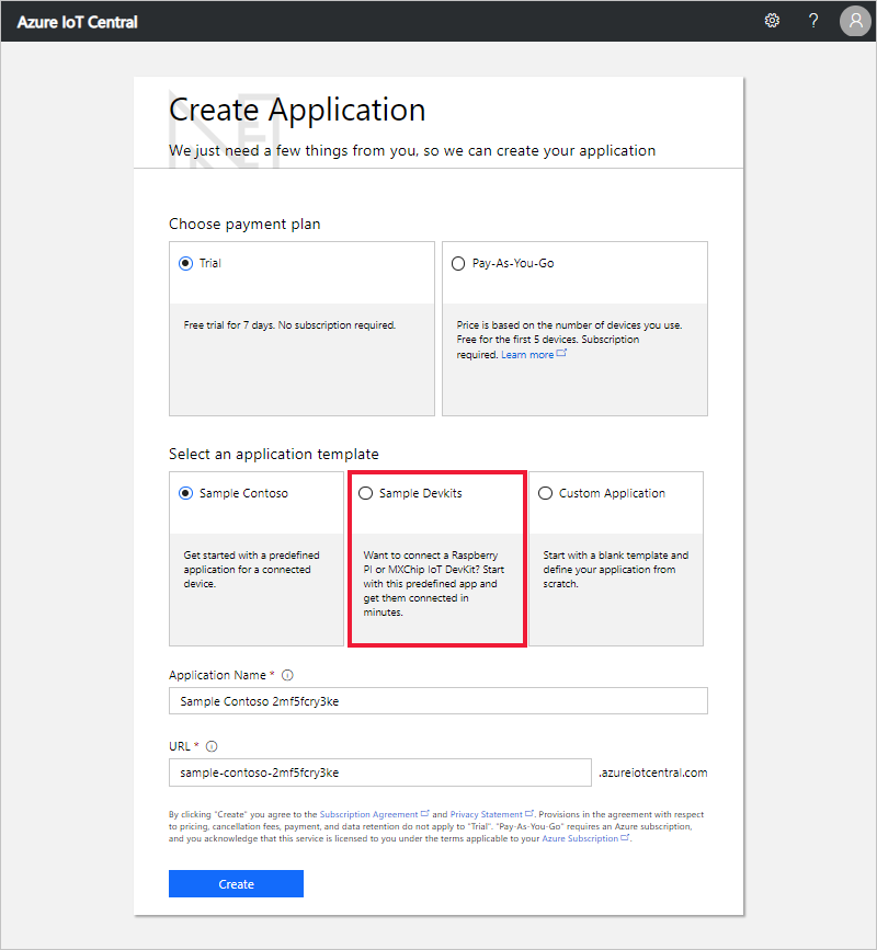 Azure IoT Central Create Application page